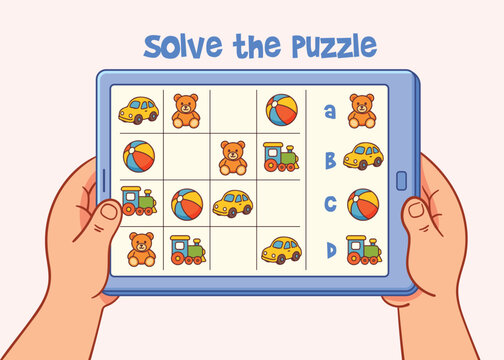 Educational puzzle game for children displayed on a tablet. Kids solve a logic grid by matching toys, helping develop thinking, attention, and problem-solving skills through interactive learning. Find