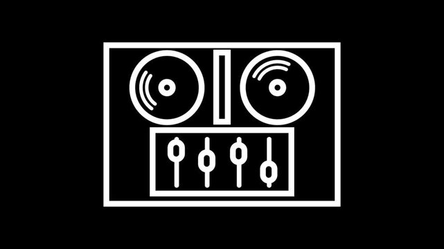 Animated white DJ mixer and turntable icon on black background. Music, audio, and party concept. Seamless loop motion graphic for club, sound equalizer, and entertainment themes.