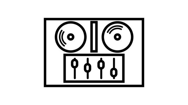 Animated black DJ mixer and turntable icon on white background. Music, audio, and party concept. Seamless loop motion graphic for club, sound equalizer, and entertainment themes.