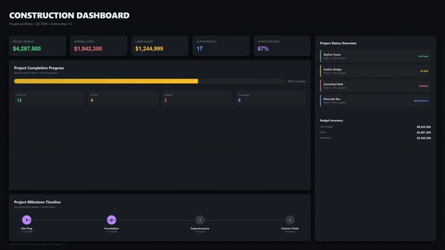 Sleek digital interface with colorful metrics and budget tracker elements, concept for real-time project management and financial monitoring, suitable for construction business analysis and planning