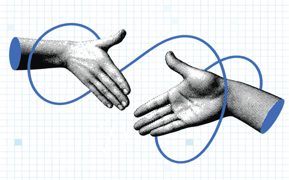 Hands reaching toward each other in a handshake, retro halftone hands cut from vintage newspaper, string-tied body parts, shaking hands, business agreement, deal making, mutual support, assistance