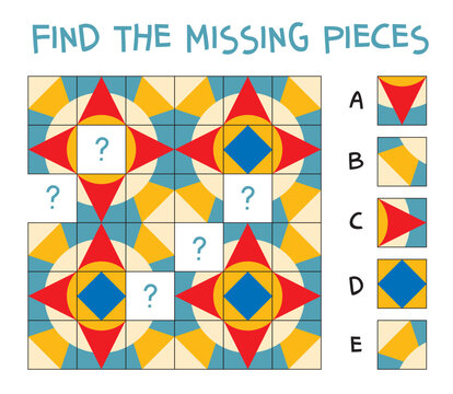 Colorful visual puzzle for kids. Find and match the missing pieces in the geometric mosaic pattern. Educational activity to train logic, attention, and spatial thinking.