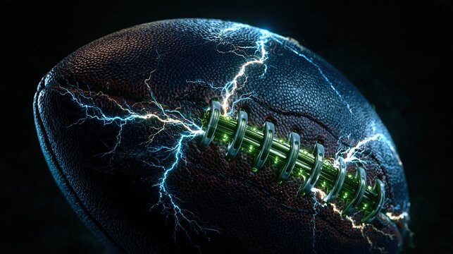 American football crackling with blue lightning and green glowing laces on dark background, ideal for sports ads, action posters, gaming visuals, and promos