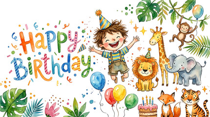 Fototapeta premium Watercolor Happy Birthday Illustration with Jumping Boy, Cute Safari Animals, Colorful Balloons, Birthday Cake, and Tropical Leaves Isolated on White Background