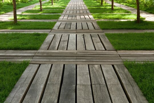 Wooden walkway through manicured grass with trees