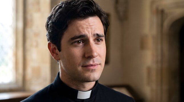 Young Catholic priest wearing clerical collar inside a church
