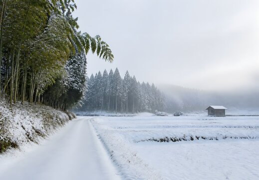 Snow covered country road and cedar forest in winter in rural Japan