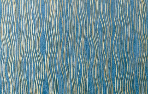 Blue textured background with flowing, wavy golden lines