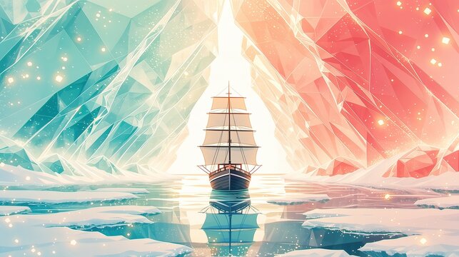 Tall ship sailing through narrow passage between geometric mint and coral ice cliffs, low poly crystalline mountains, sparkling sea, mythical polar quest