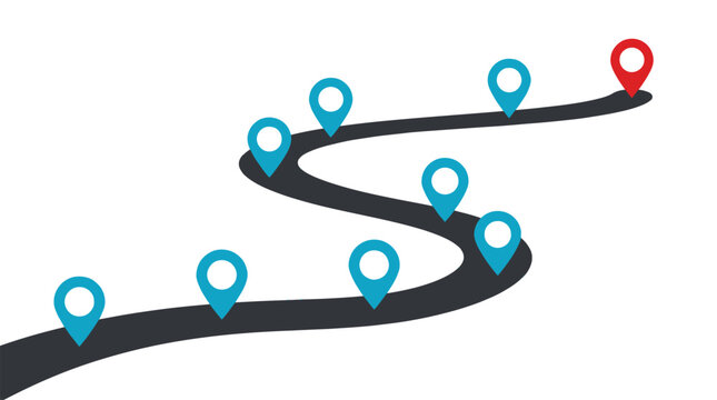 Winding road path with multiple location markers
