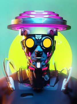 3D Cyberpunk Humanoid Cyborg in Futuristic Goggles and Vivid Neon Cyberwear