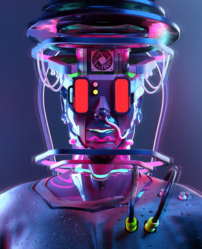 3D Cyber Humanoid Android Figure punk Glowing in Neon Colours