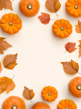 Flat Lay Autumn Copy Space Background with Border of Pumpkins and Fall Leaves