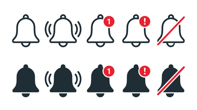 Set of bell notification icons, vector illustration of alert symbols, ringing bell, notification count, exclamation mark, and silent mode