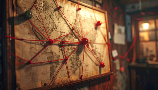 A vintage world map connected with red strings and pins on a wooden wall evokes detective mystery, global conspiracy, and strategic planning. Moody ambiance with nobody present.