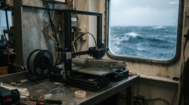Maritime additive manufacturing with 3D printer, drone fuselage, polymer filament, and ship bulkhead beside rough sea waves.
