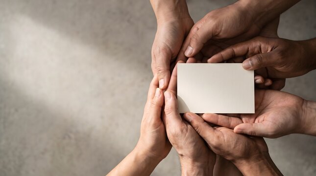 Overhead view of diverse hands together holding blank rectangular card in unity