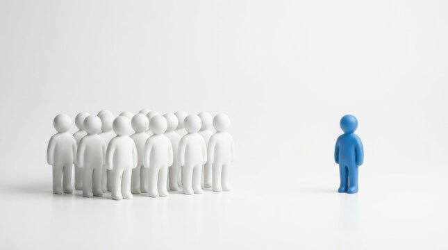 Blue figure standing separate from a group of white figures on a white background