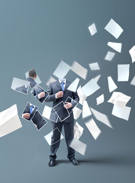 Overworked Businessman Conceptually Dissolving into Floating Office Paperwork