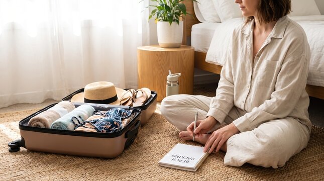 Woman planning beach vacation with suitcase and packing list on notebook near bed and window