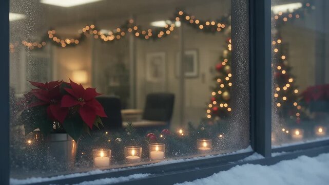Holiday - Cozy winter window display with glowing candles poinsettia and Christmas lights on a snowy evening