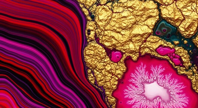 Abstract fluid art background with gold texture and vibrant pink and red marble waves.