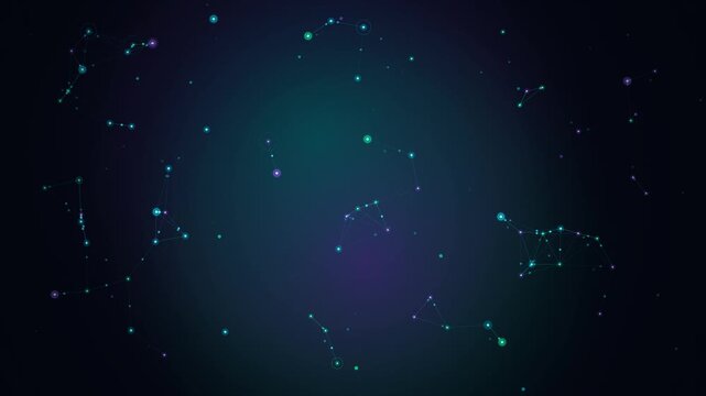 Abstract digital node network connection background with glowing blue and purple plexus technology lines and dots