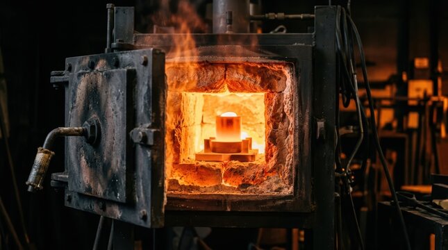 Open furnace door with glowing sample, refractory bricks, heat shimmer, and orange gray industrial metal processing details.