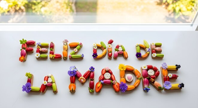Spanish Feliz Dia De La Madre text made with fresh colorful fruits and vegetables.