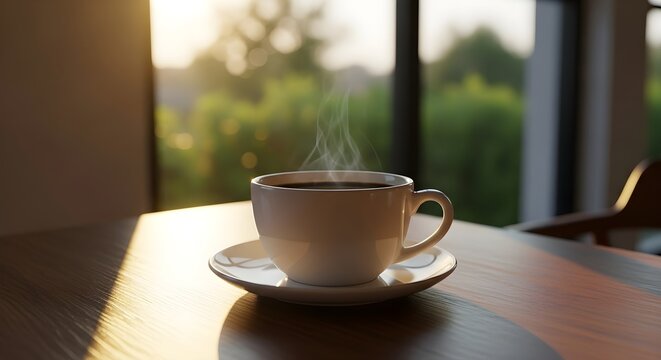 Steaming cup of fresh coffee on a wooden table in front of a window at sunrise.