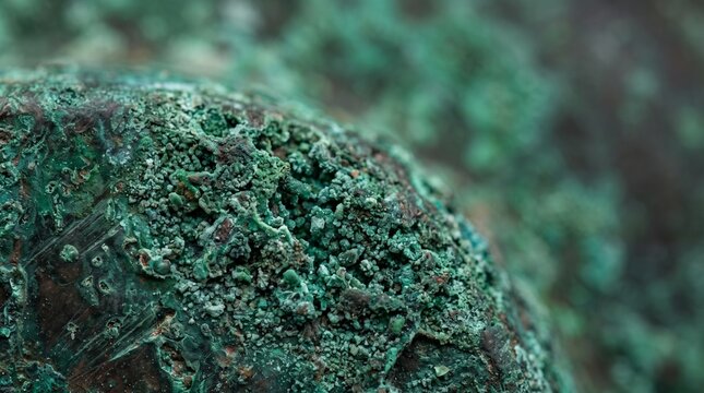 Close up macro shot of weathered green copper patina with textured surface and blurred background
