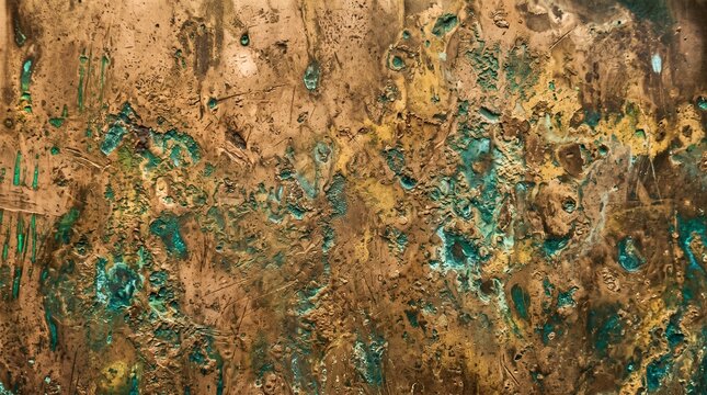 Close up of aged copper metal surface with green patina and textured imperfections