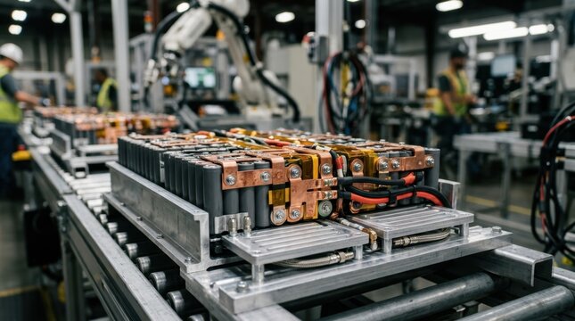 Battery pack assembly with copper busbars, cooling plates, and insulated wiring on a factory line