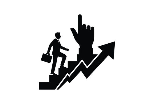 Businessperson climbing stairs with hand pointing upwards black silhouette career ascent progress growth success achievement