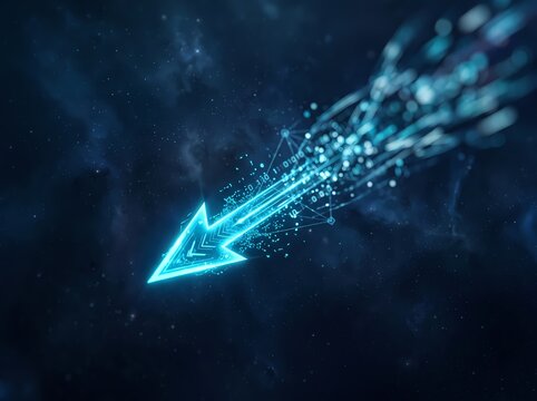 Digital arrow symbol moving rapidly through deep space representing progress and data transmission speed with glowing neon blue light particles and network connection lines across a dark