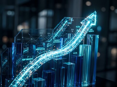 Digital analytics screen displays financial market growth trends with rising arrows representing increasing corporate revenue metrics for business strategy development and economic prosperity