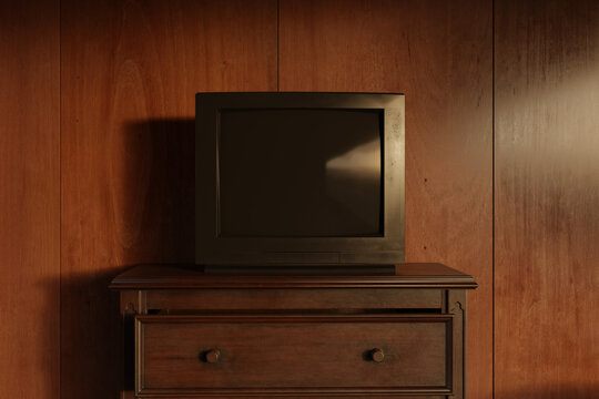 3D Rendering of an old television in front of wood panels