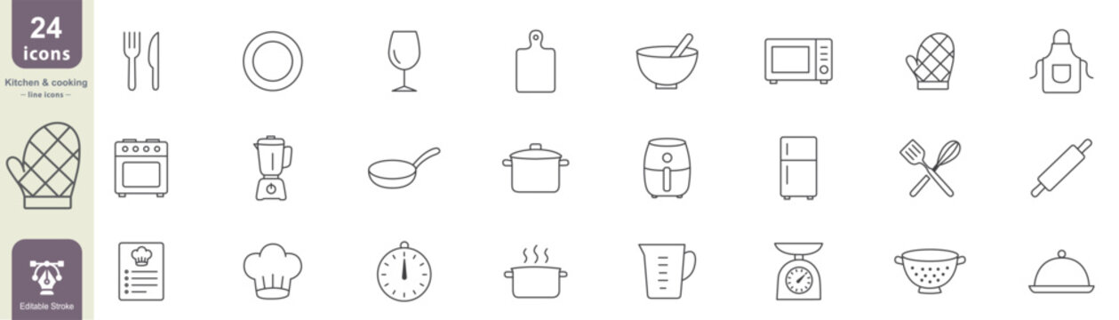 Kitchen and cooking line icons featuring essential utensils, appliances, cookware, tools, and food preparation symbols editable stroke