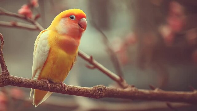 Yellow lovebird perched on a tree branch in spring