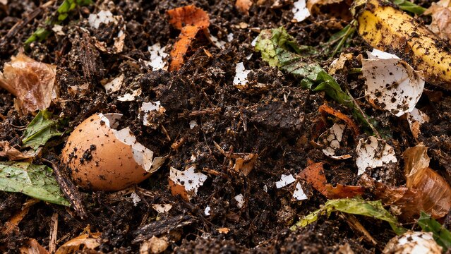 Compost soil mixed with crushed eggshells and biodegradable waste, creating effective fertilizer for gardening and agriculture.