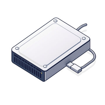 External hard drive storage device connected with cable in isometric view