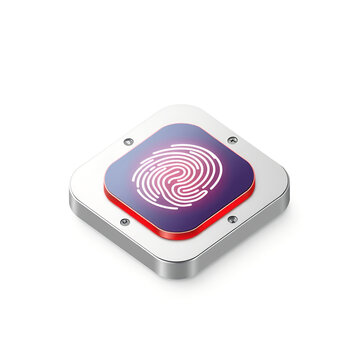 Biometric fingerprint scanner button with glowing red light on white