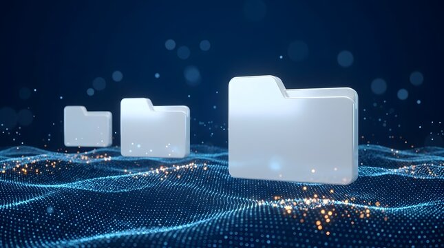 Digital data folders on abstract glowing network background