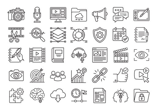 Digital content creation and media tools minimalist line art vector icons set