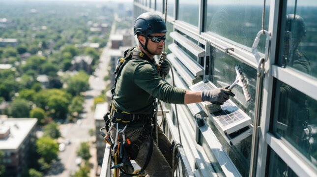 Facade maintenance worker cleaning solar louvers and glass curtain wall mullions on a highrise building with safety harness and reflective panels.