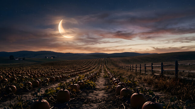 A spooky halloween night landscape with a full moon and silhouetted trees and a dark foreground