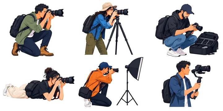 Professional photographer character set, diverse videographers with cameras and tripods, flat vector illustration of media creators