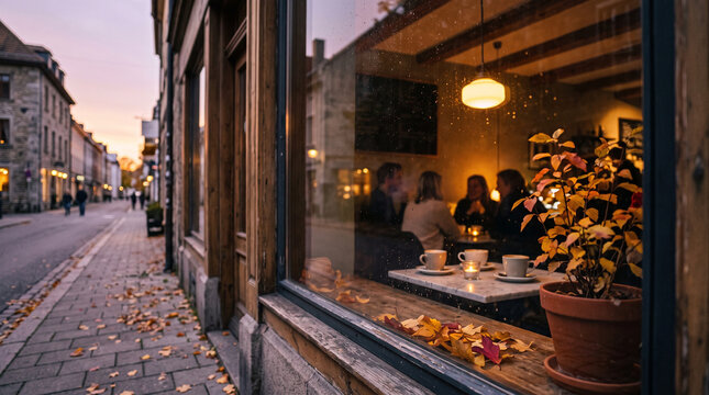 Cozy cafe window with autumn leaves on old town street at sunset. People enjoying coffee inside warm coffeehouse with glowing lamp.