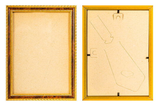 Isolated photo of golden plastic picture frame on white background.