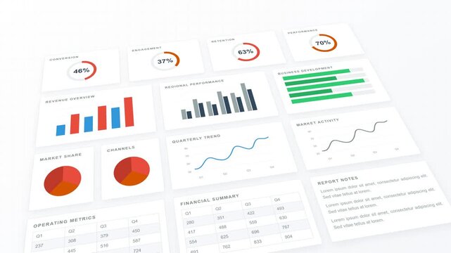 Business Analytics Dashboard Background. Corporate Financial Report With Charts, Graphs, Pie Charts, Data Tables And Statistics. White Clean Minimal Infographic Motion Graphics. Seamless Loop.